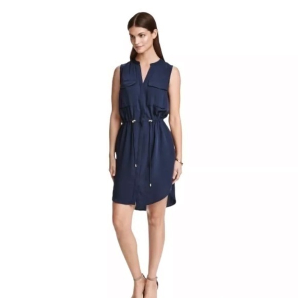 H&M Sleeveless Waist Tie Belt Navy Shirt Day Work Causal Dress Size 14